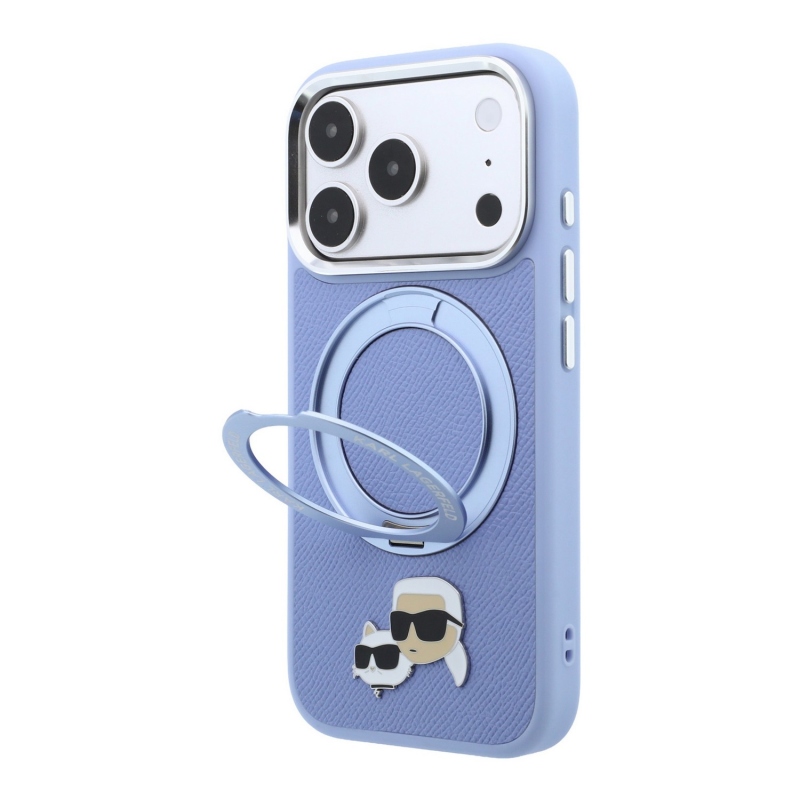 Karl Lagerfeld PU Grained K&CH Heads Ring Stand Magsafe Zadní Kryt pro iPhone 18 Pro Blue