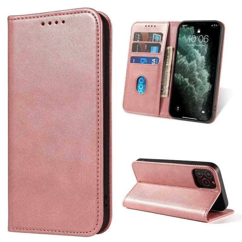 Business PU kožené peněženkové pouzdro na mobil iPhone 12 Pro Max - růžovozlaté