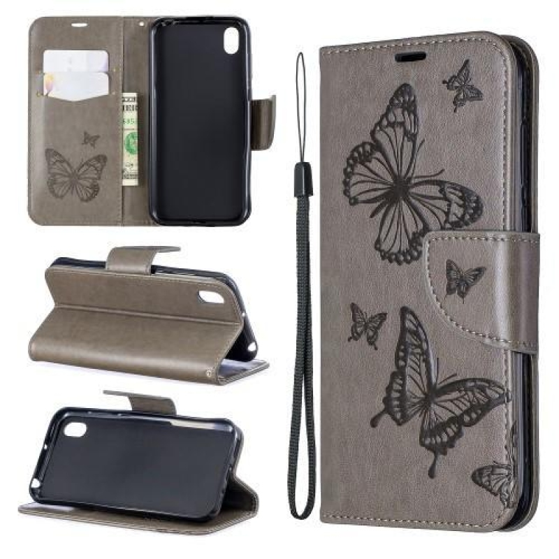 Butterflies PU kožené peněženkové pouzdro na mobil Huawei Y5 (2019) / Honor 8S - šedé