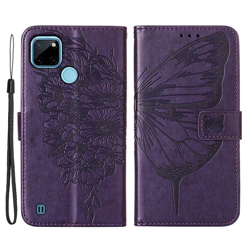 Butterflies PU kožené peněženkové pouzdro na mobil Realme C21Y/C25Y - fialové