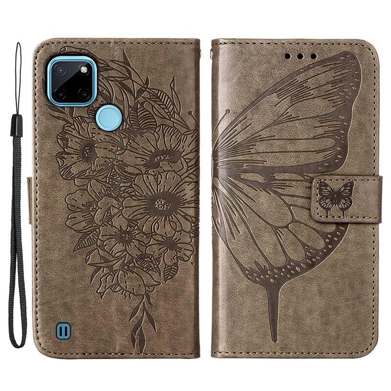 Butterflies PU kožené peněženkové pouzdro na mobil Realme C21Y/C25Y - šedé