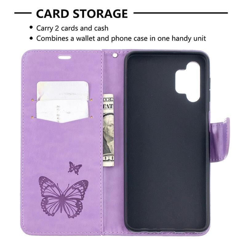 Butterflies PU kožené peněženkové pouzdro na mobil Samsung Galaxy A32 5G - fialová