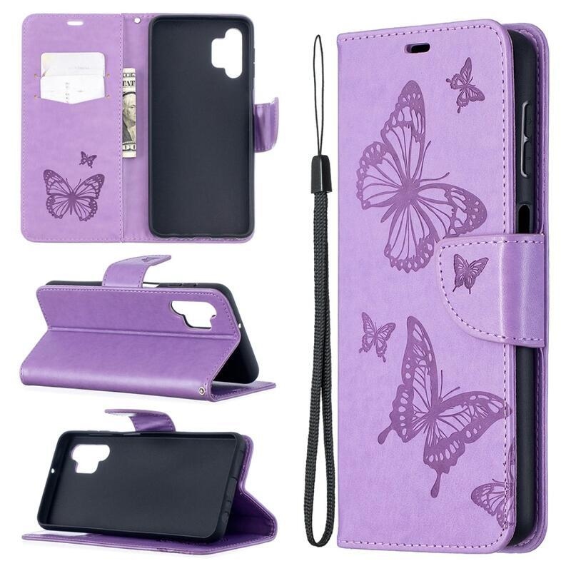 Butterflies PU kožené peněženkové pouzdro na mobil Samsung Galaxy A32 5G - fialová