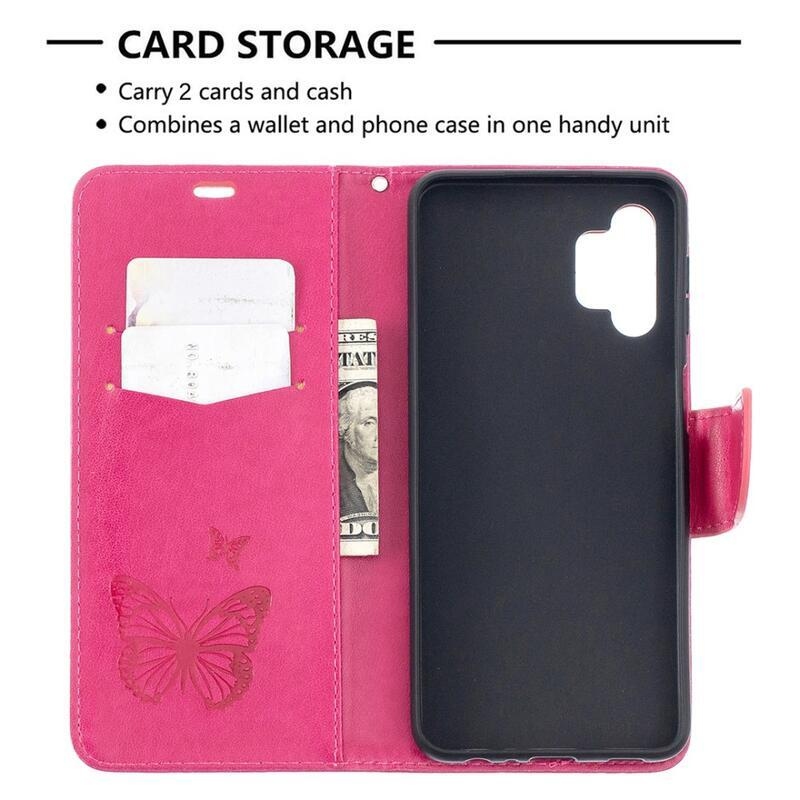 Butterflies PU kožené peněženkové pouzdro na mobil Samsung Galaxy A32 5G - rose