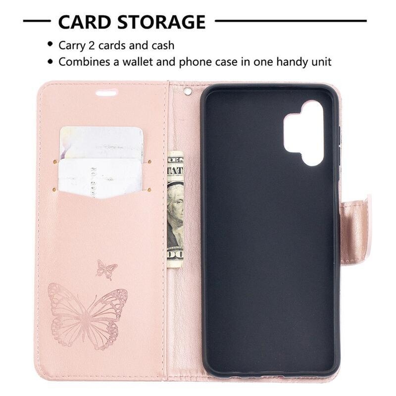 Butterflies PU kožené peněženkové pouzdro na mobil Samsung Galaxy A32 5G - růžovozlatá