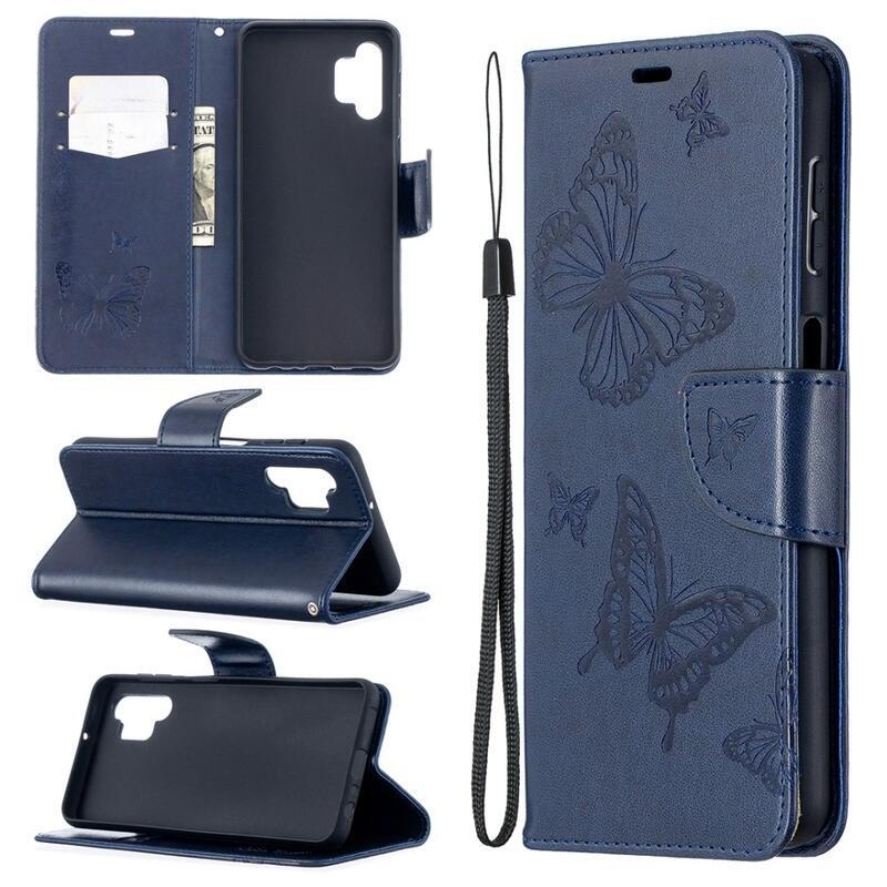 Butterflies PU kožené peněženkové pouzdro na mobil Samsung Galaxy A32 5G - tmavěmodrá
