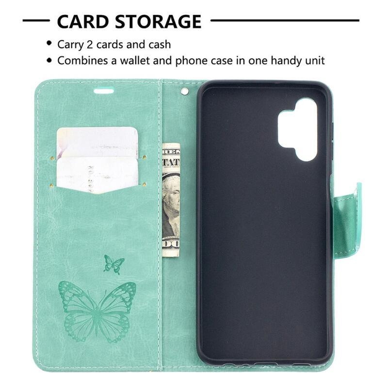 Butterflies PU kožené peněženkové pouzdro na mobil Samsung Galaxy A32 5G - zelená