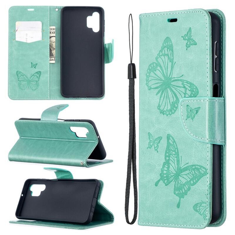 Butterflies PU kožené peněženkové pouzdro na mobil Samsung Galaxy A32 5G - zelená