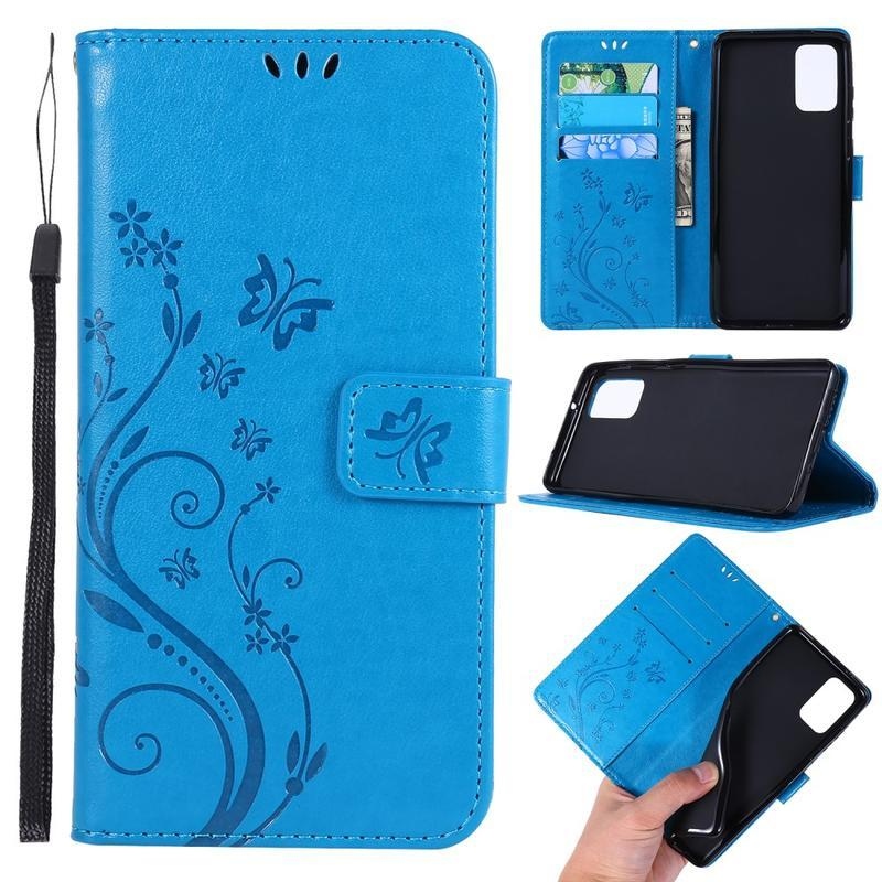 Butterflies PU kožené peněženkové pouzdro na mobil Samsung Galaxy S20 Plus - modré