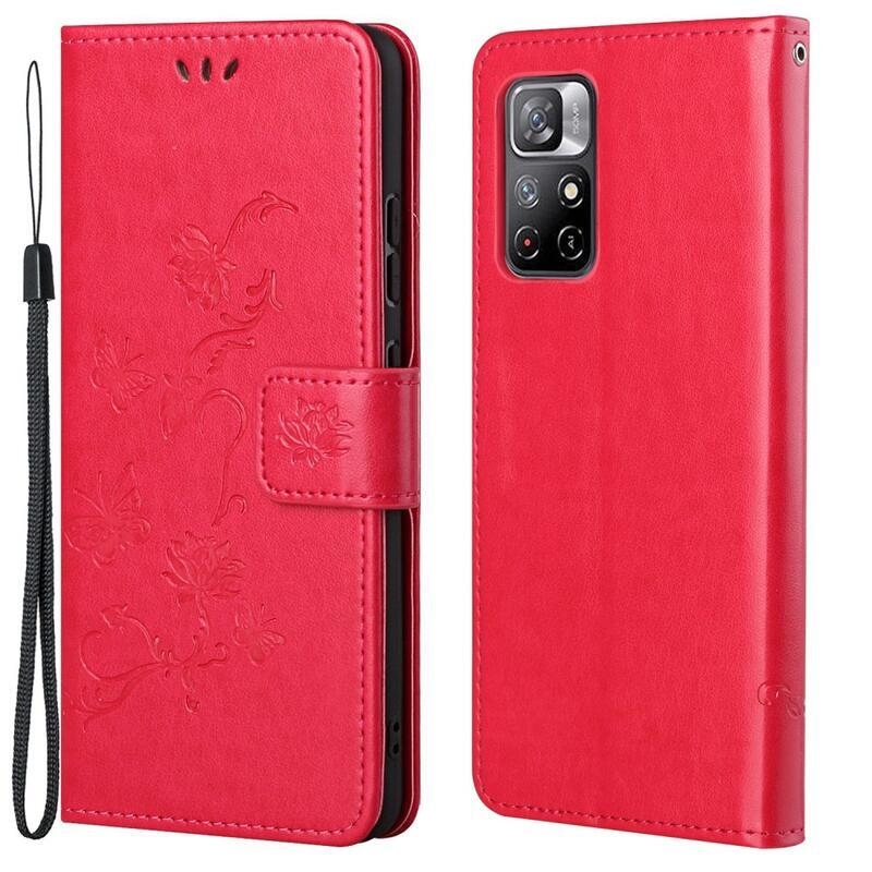 Butterflies PU kožené peněženkové pouzdro na mobil Xiaomi Poco M4 Pro 5G/Redmi Note 11S 5G - červené