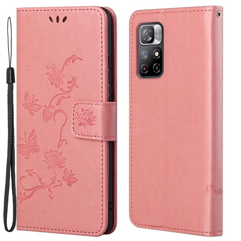 Butterflies PU kožené peněženkové pouzdro na mobil Xiaomi Poco M4 Pro 5G/Redmi Note 11S 5G - růžové