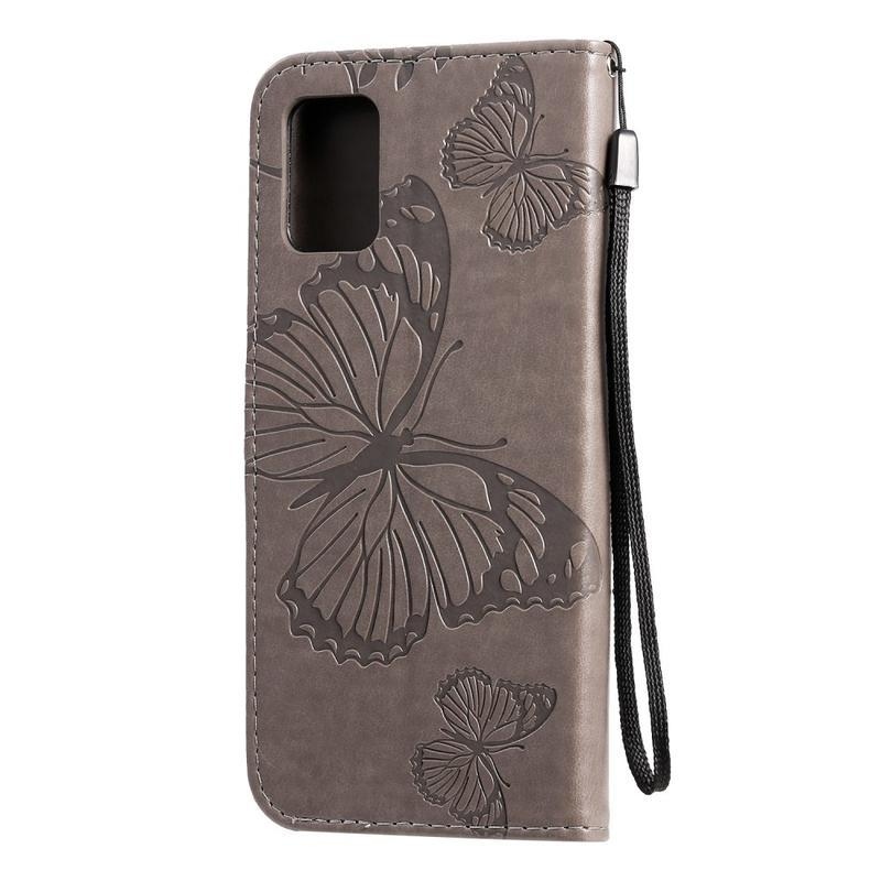 Butterflies PU kožené pouzdro na mobil Samsung Galaxy A71 - šedé