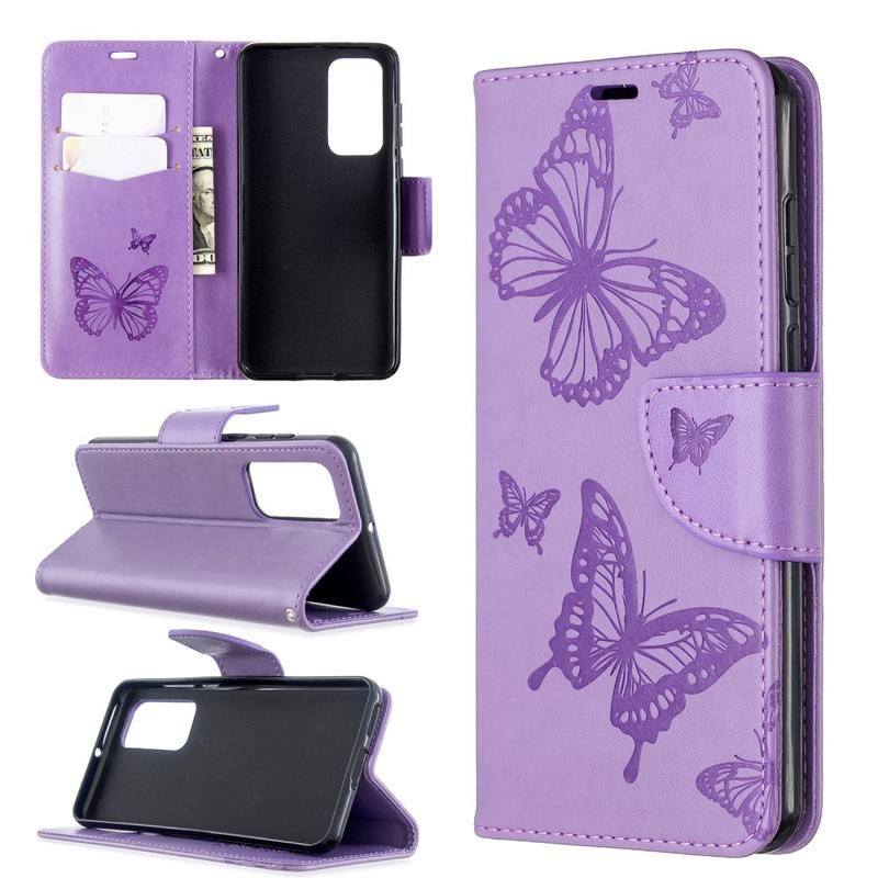 Butterfly PU kožené peněženkové pouzdro na mobil Huawei P40 - fialové