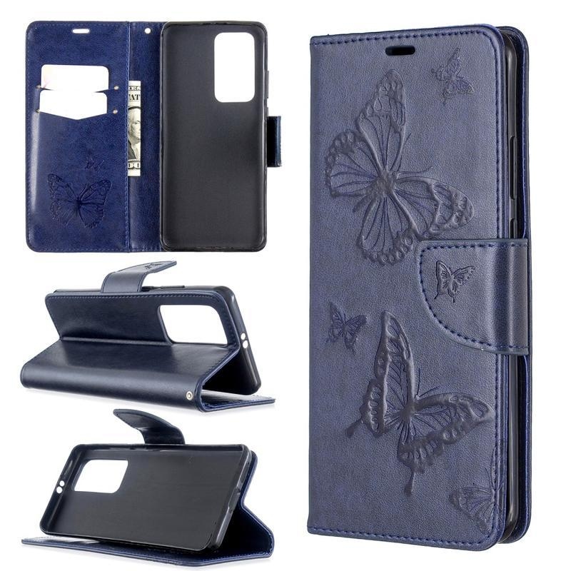 Butterfly PU kožené peněženkové pouzdro na mobil Huawei P40 Pro - modré