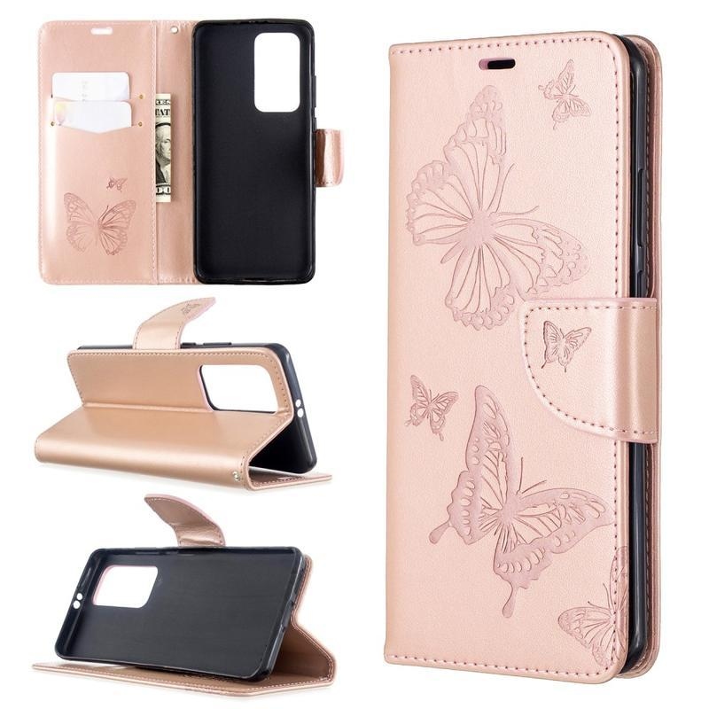 Butterfly PU kožené peněženkové pouzdro na mobil Huawei P40 Pro - růžovozlaté