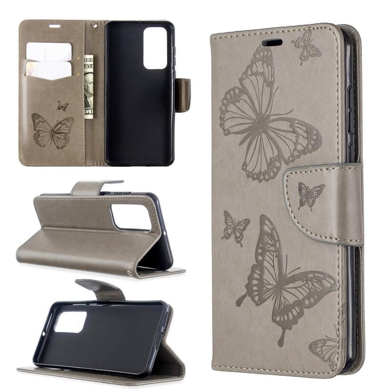 Butterfly PU kožené peněženkové pouzdro na mobil Huawei P40 - šedé
