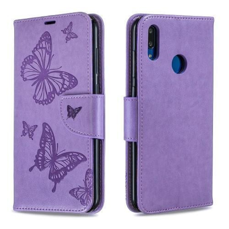 Butterfly PU kožené peněženkové pouzdro na mobil Huawei Y7 (2019) - fialový