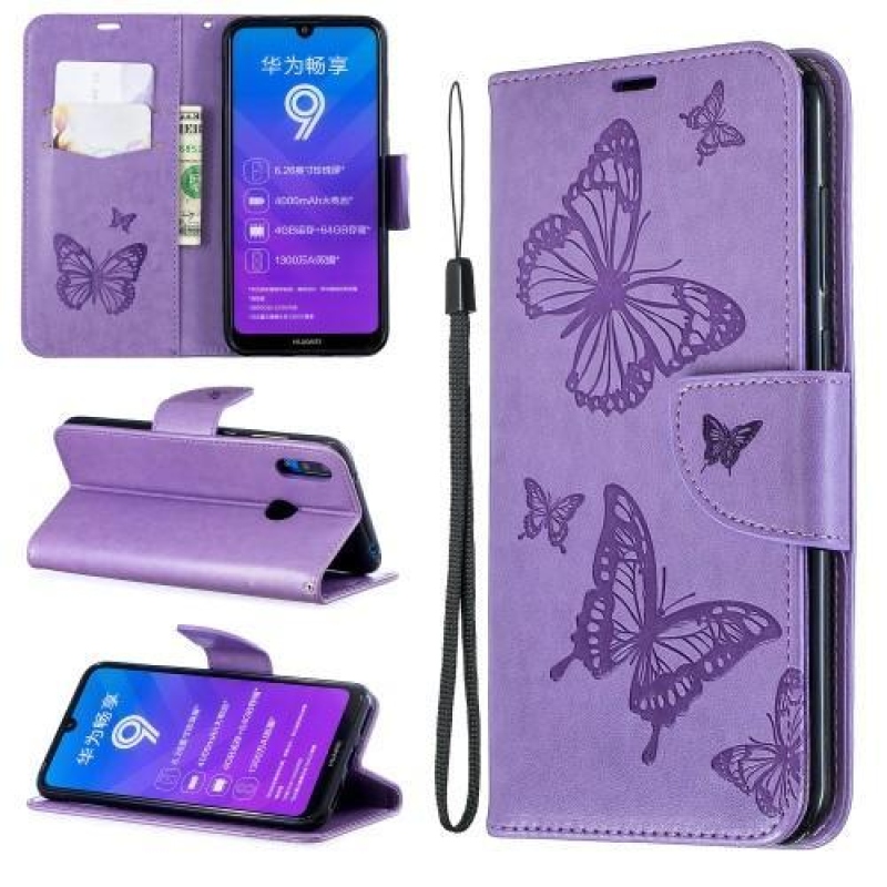 Butterfly PU kožené peněženkové pouzdro na mobil Huawei Y7 (2019) - fialový
