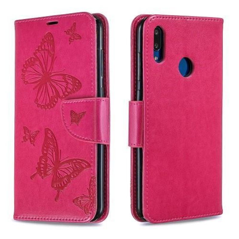 Butterfly PU kožené peněženkové pouzdro na mobil Huawei Y7 (2019) - rose