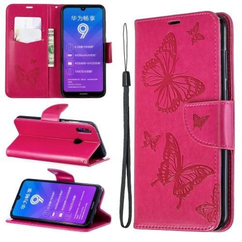 Butterfly PU kožené peněženkové pouzdro na mobil Huawei Y7 (2019) - rose