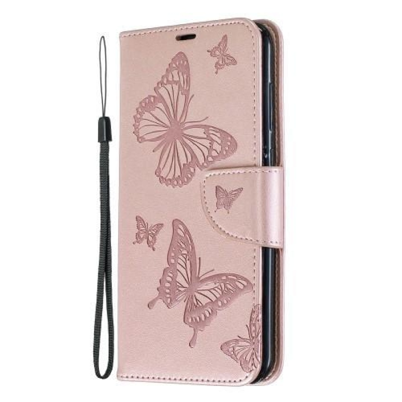 Butterfly PU kožené peněženkové pouzdro na mobil Huawei Y7 (2019) - růžovozlatý