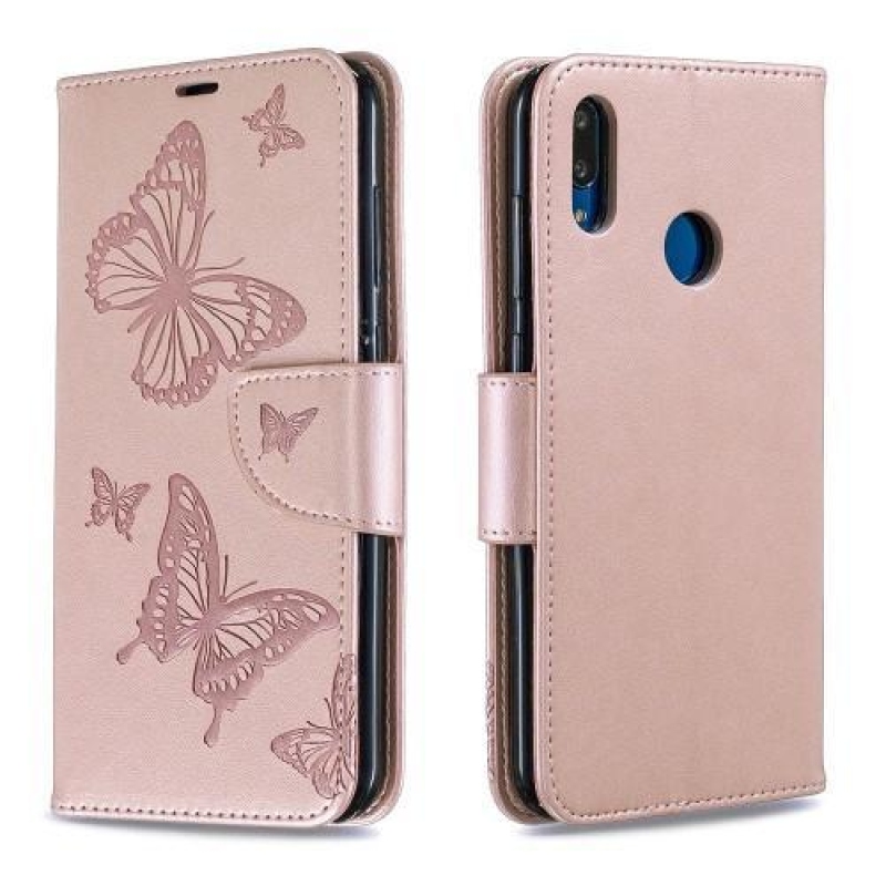 Butterfly PU kožené peněženkové pouzdro na mobil Huawei Y7 (2019) - růžovozlatý