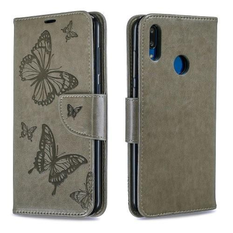 Butterfly PU kožené peněženkové pouzdro na mobil Huawei Y7 (2019) - šedý