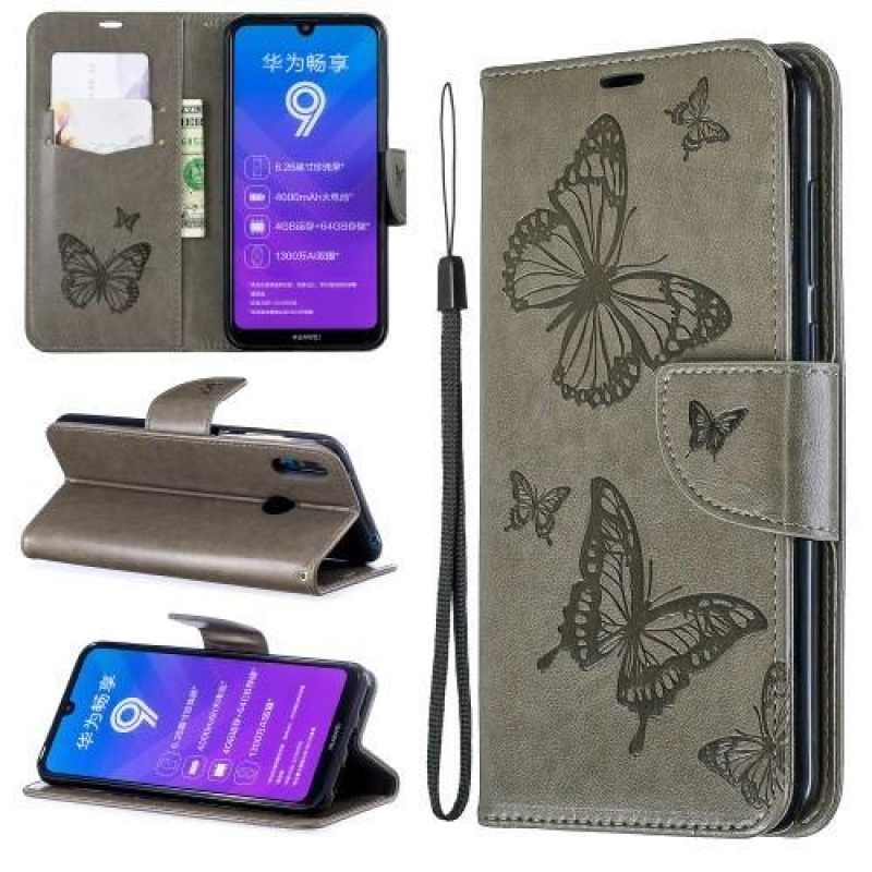 Butterfly PU kožené peněženkové pouzdro na mobil Huawei Y7 (2019) - šedý