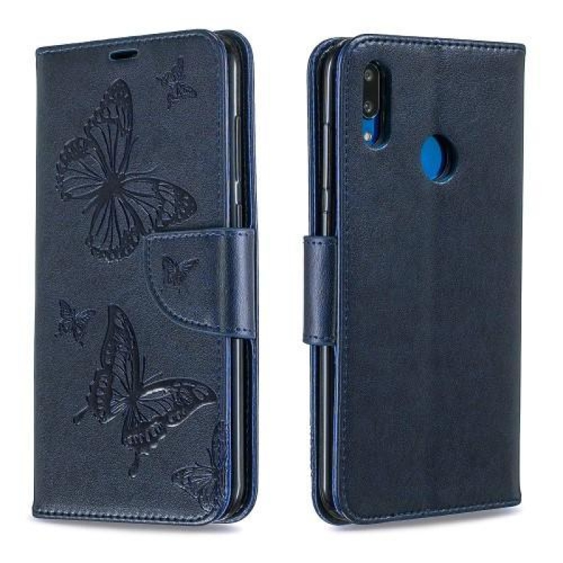 Butterfly PU kožené peněženkové pouzdro na mobil Huawei Y7 (2019) - tmavěmodrý