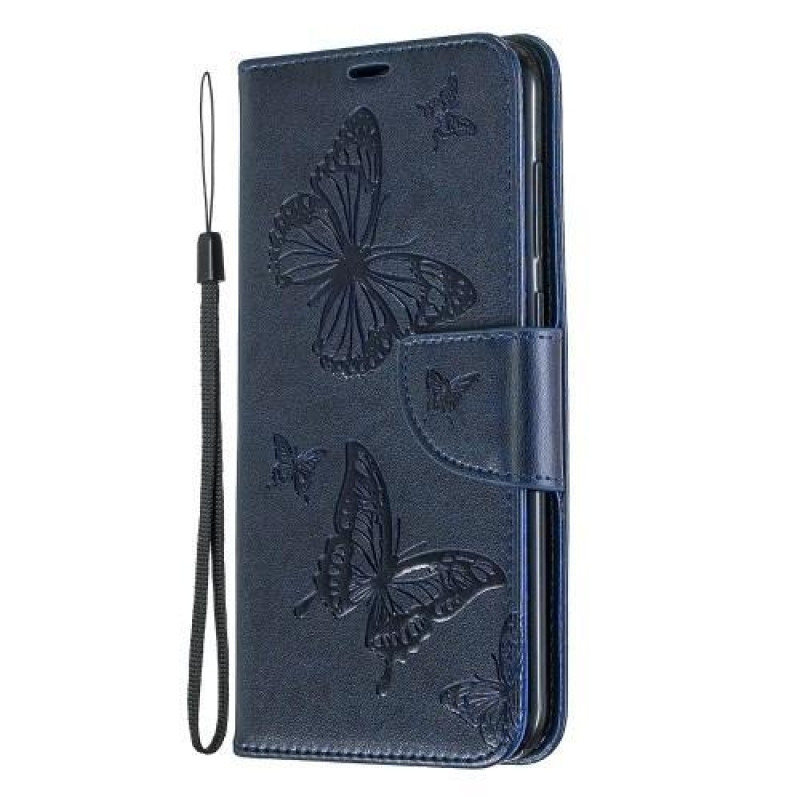 Butterfly PU kožené peněženkové pouzdro na mobil Huawei Y7 (2019) - tmavěmodrý