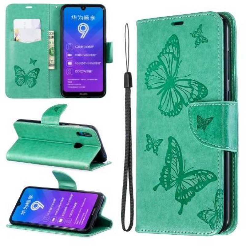 Butterfly PU kožené peněženkové pouzdro na mobil Huawei Y7 (2019) - zelený