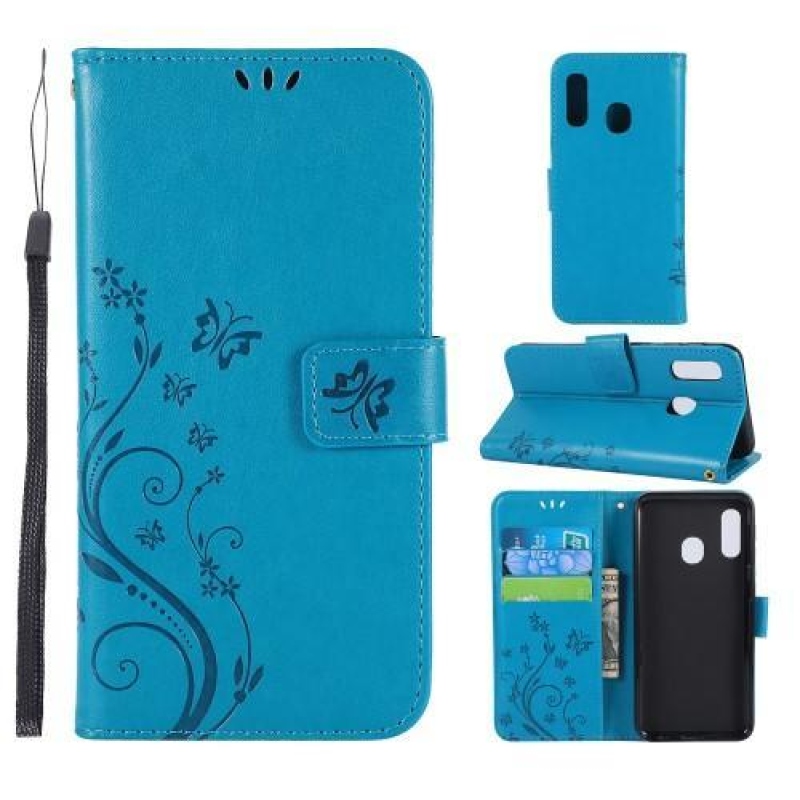 Butterfly PU kožené peněženkové pouzdro na mobil Samsung Galaxy A20e - modrý