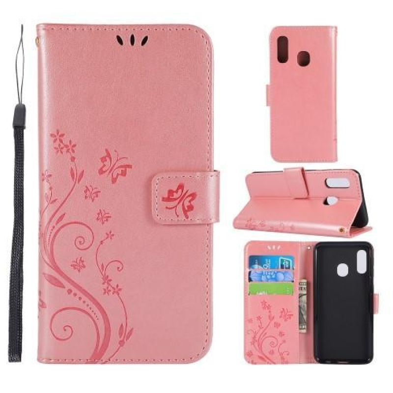 Butterfly PU kožené peněženkové pouzdro na mobil Samsung Galaxy A20e - růžovozlatý