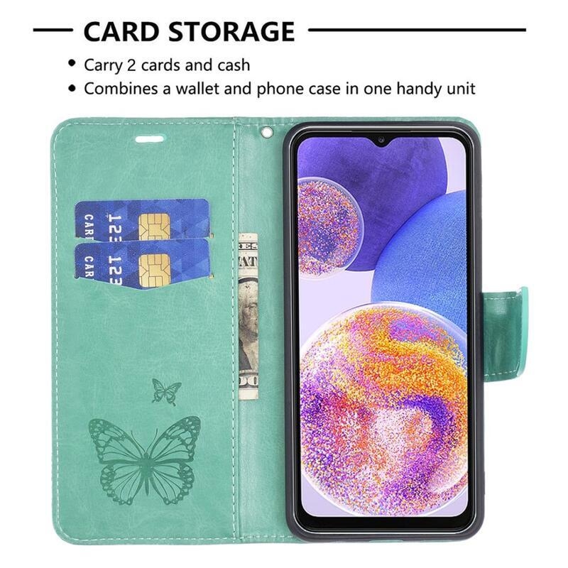 Butterfly PU kožené peněženkové pouzdro na mobil Samsung Galaxy A23 4G/5G - azurové