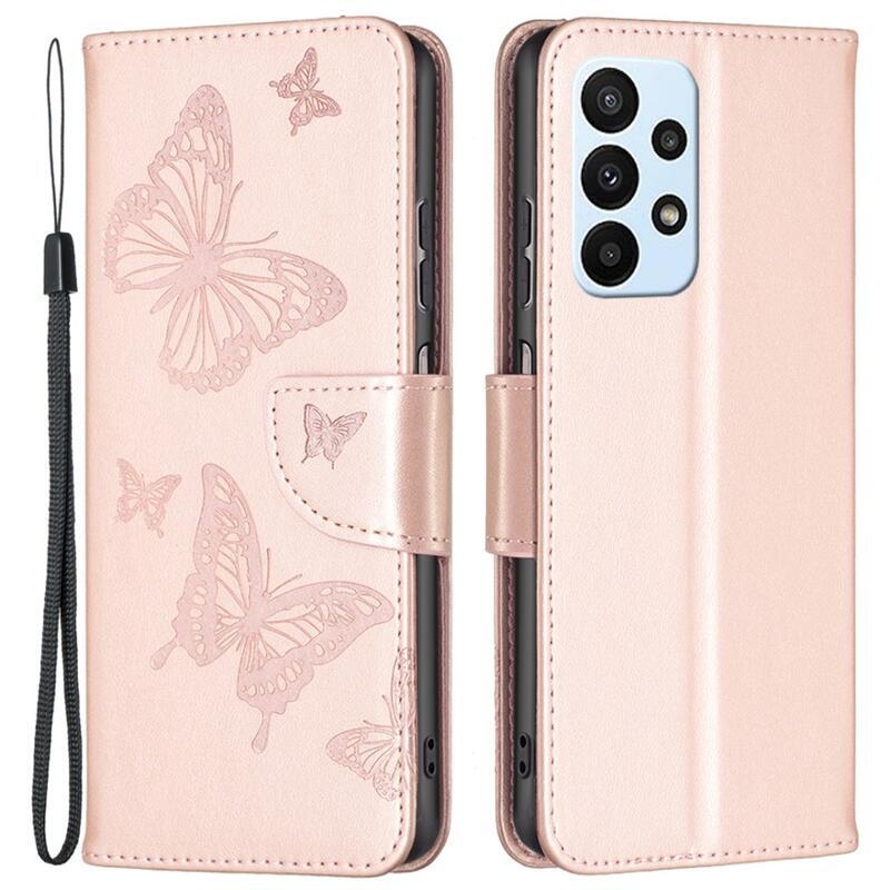 Butterfly PU kožené peněženkové pouzdro na mobil Samsung Galaxy A23 4G/5G - růžovozlaté