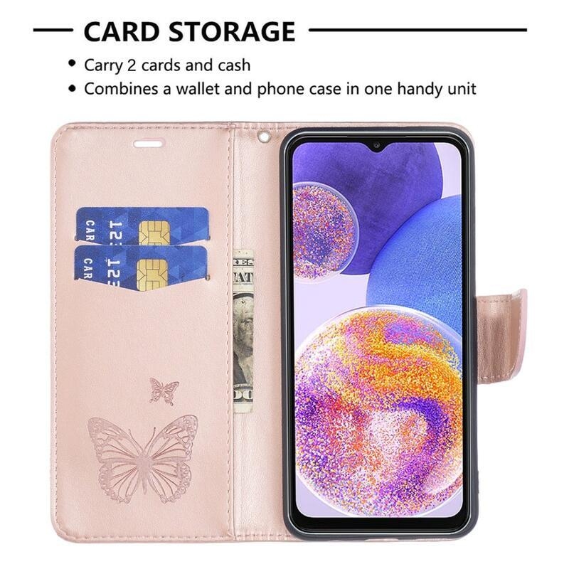 Butterfly PU kožené peněženkové pouzdro na mobil Samsung Galaxy A23 4G/5G - růžovozlaté