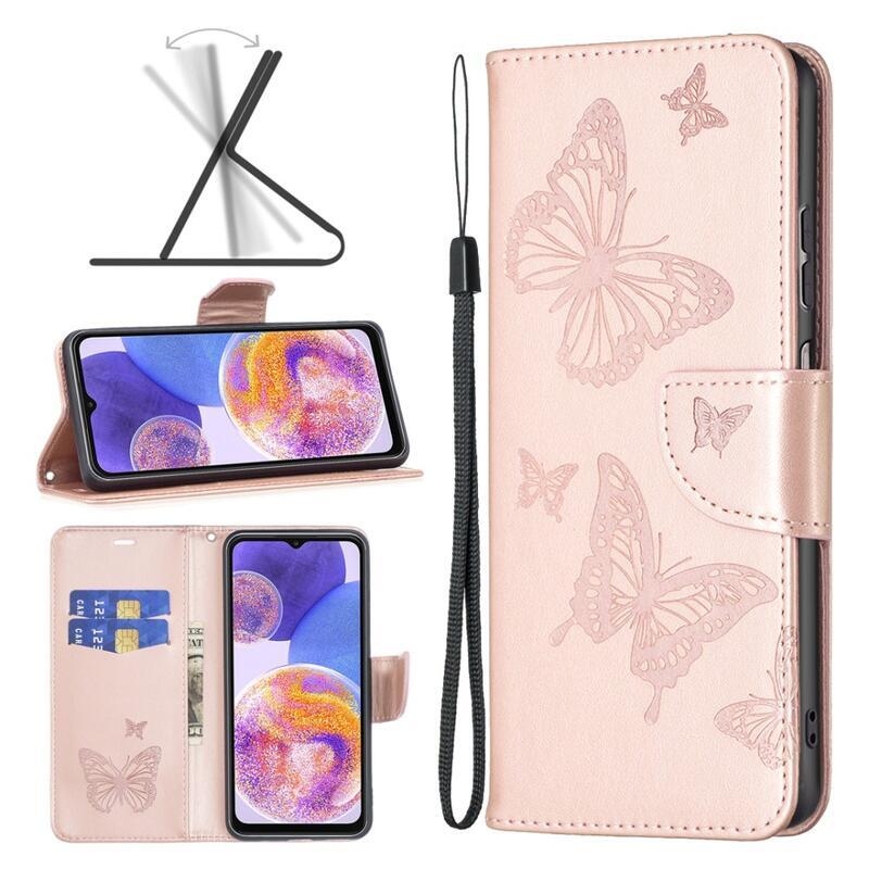 Butterfly PU kožené peněženkové pouzdro na mobil Samsung Galaxy A23 4G/5G - růžovozlaté
