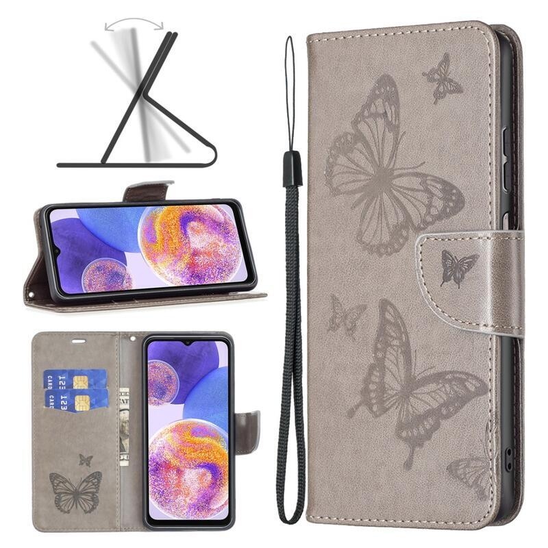 Butterfly PU kožené peněženkové pouzdro na mobil Samsung Galaxy A23 4G/5G - šedé