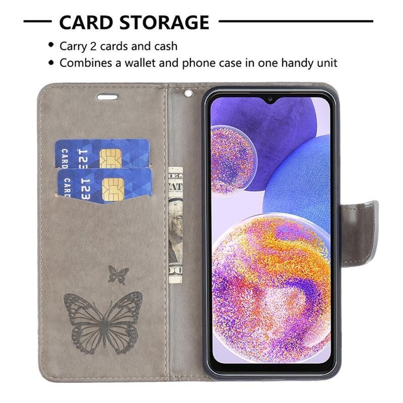 Butterfly PU kožené peněženkové pouzdro na mobil Samsung Galaxy A23 4G/5G - šedé