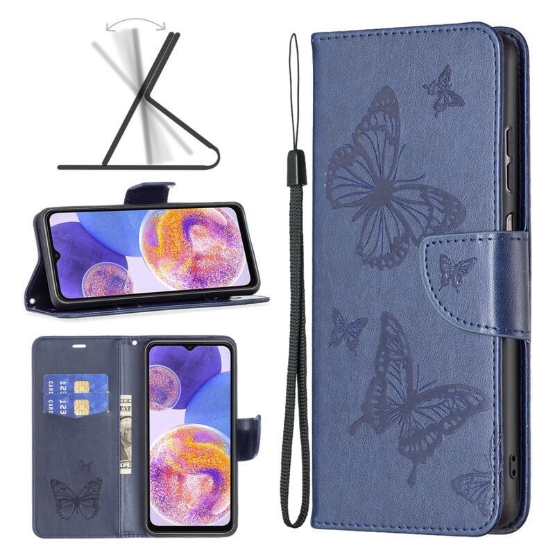 Butterfly PU kožené peněženkové pouzdro na mobil Samsung Galaxy A23 4G/5G - tmavěmodré