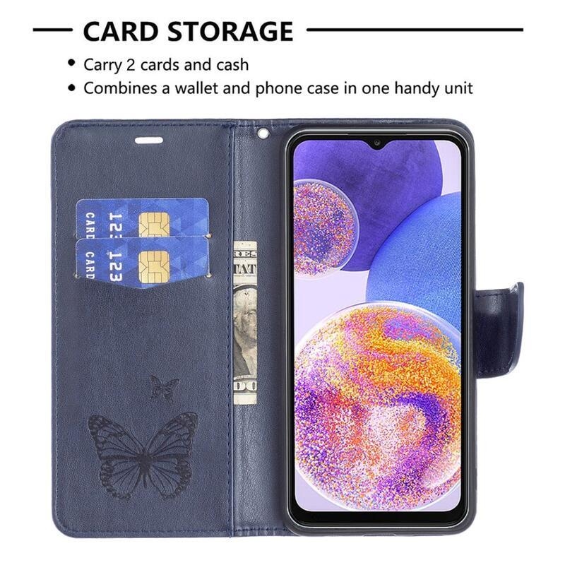 Butterfly PU kožené peněženkové pouzdro na mobil Samsung Galaxy A23 4G/5G - tmavěmodré