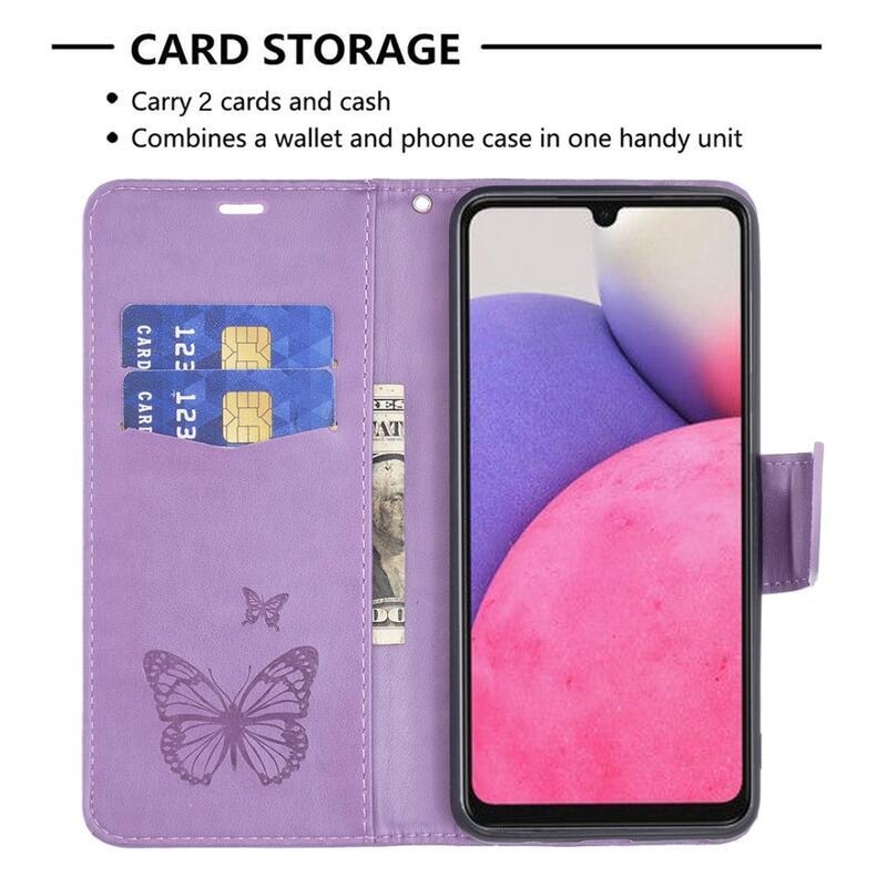 Butterfly PU kožené peněženkové pouzdro na mobil Samsung Galaxy A33 5G - fialové