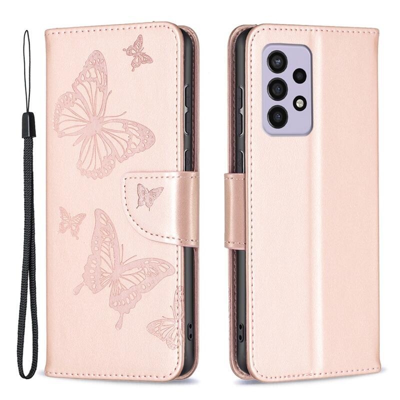 Butterfly PU kožené peněženkové pouzdro na mobil Samsung Galaxy A33 5G - růžovozlaté