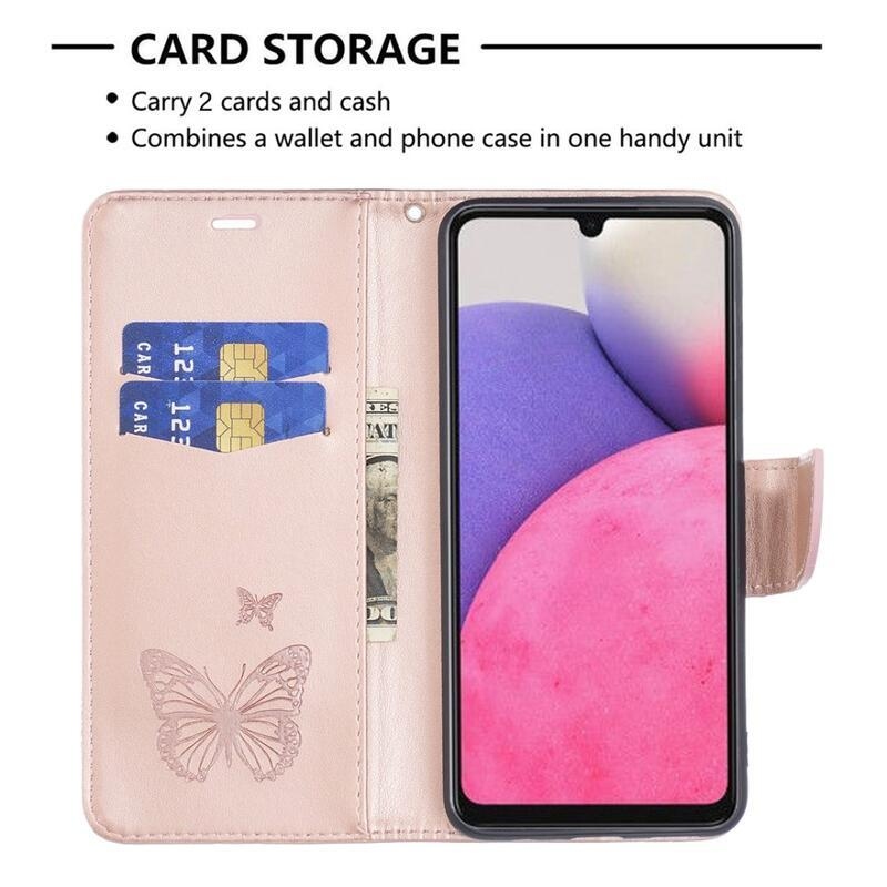 Butterfly PU kožené peněženkové pouzdro na mobil Samsung Galaxy A33 5G - růžovozlaté