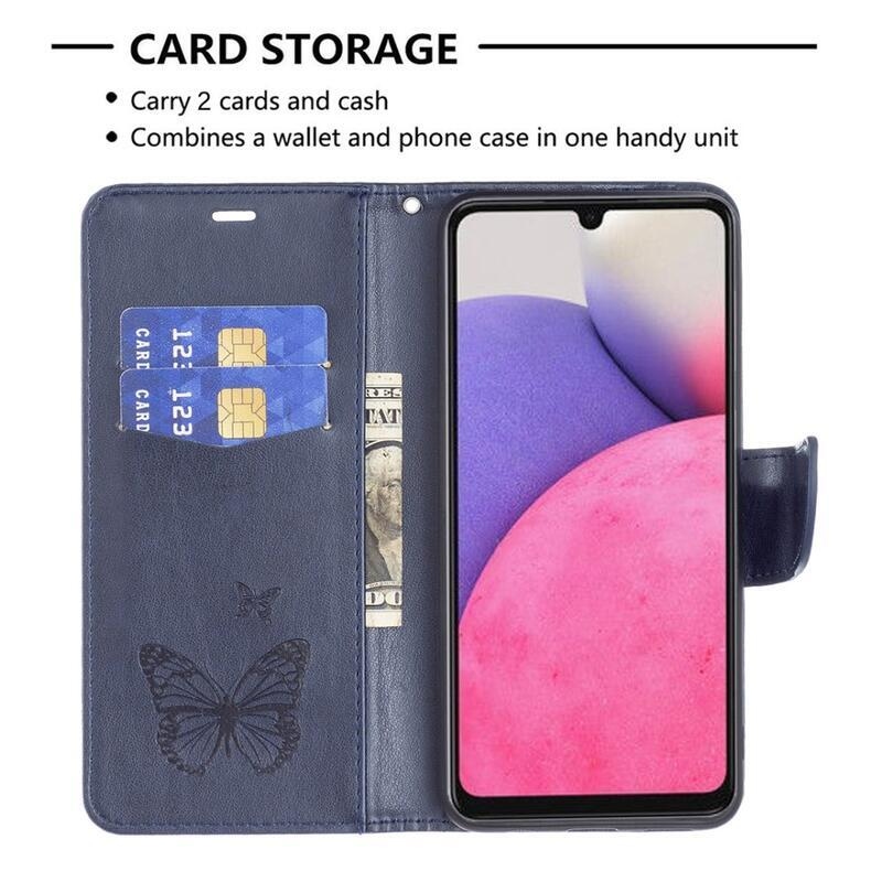 Butterfly PU kožené peněženkové pouzdro na mobil Samsung Galaxy A33 5G - tmavěmodré