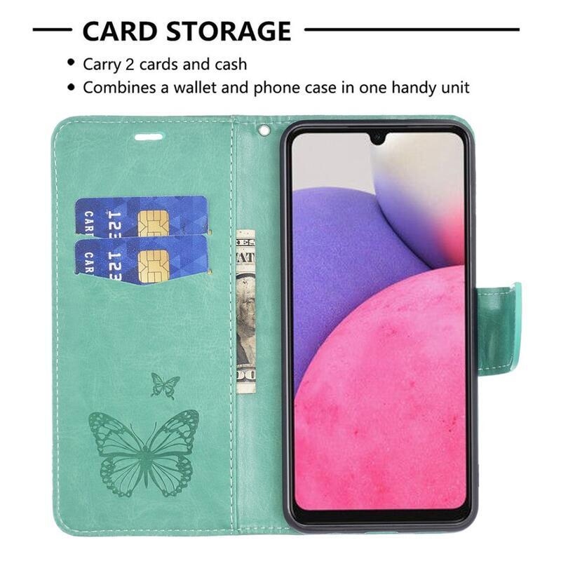 Butterfly PU kožené peněženkové pouzdro na mobil Samsung Galaxy A33 5G - zelené