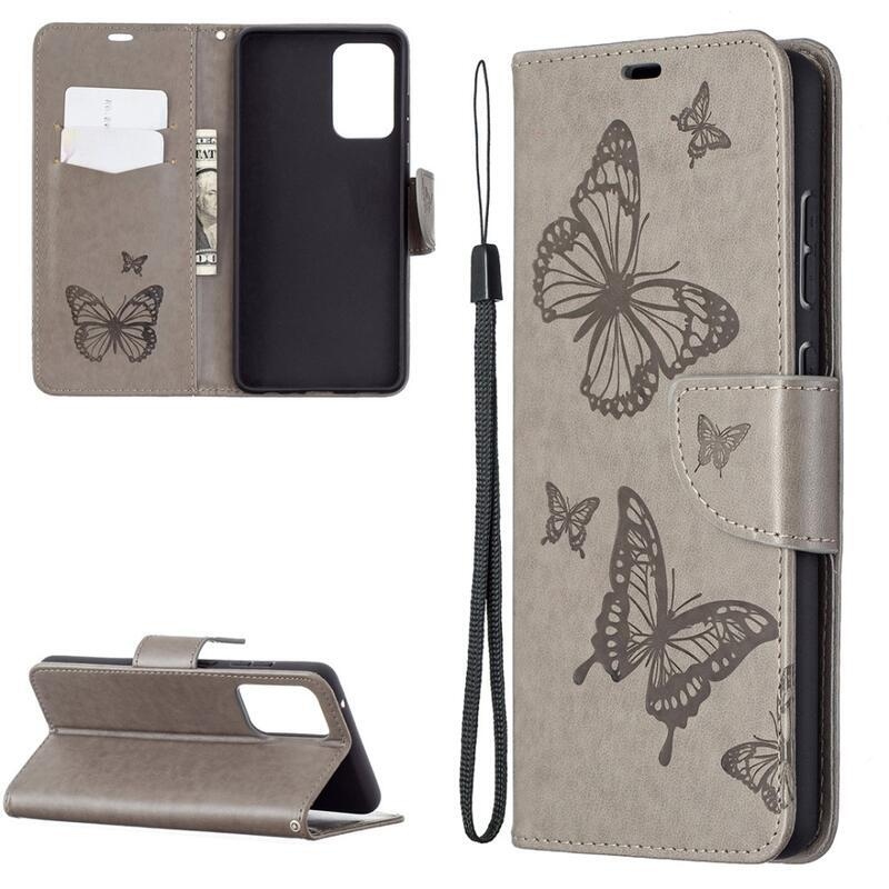Butterfly PU kožené peněženkové pouzdro na mobil Samsung Galaxy A72 5G/4G - šedé