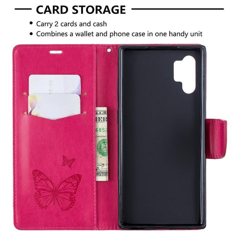Butterfly PU kožené peněženkové pouzdro na mobil Samsung Galaxy Note 10 Plus - rose