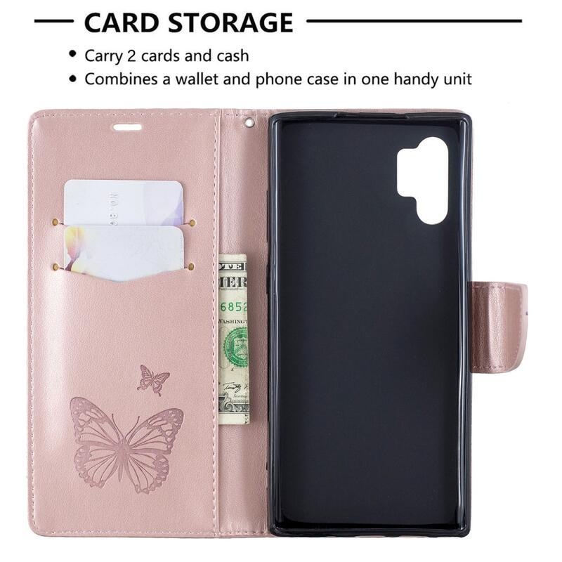Butterfly PU kožené peněženkové pouzdro na mobil Samsung Galaxy Note 10 Plus - růžovozlaté