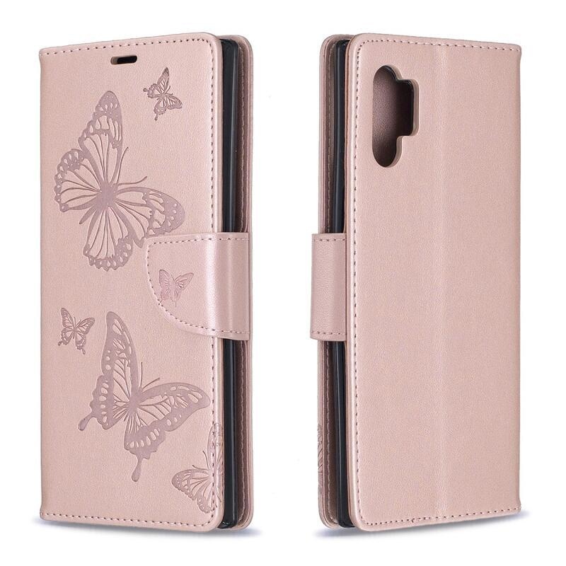 Butterfly PU kožené peněženkové pouzdro na mobil Samsung Galaxy Note 10 Plus - růžovozlaté